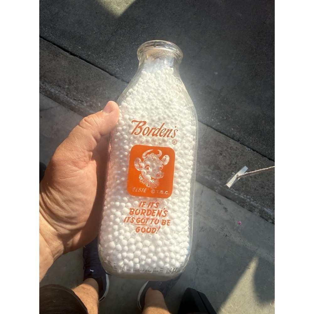 Vintage Bordens Elsie Cow Quart Glass Milk Bottle Orange Pyro Dairy‎ Advertising